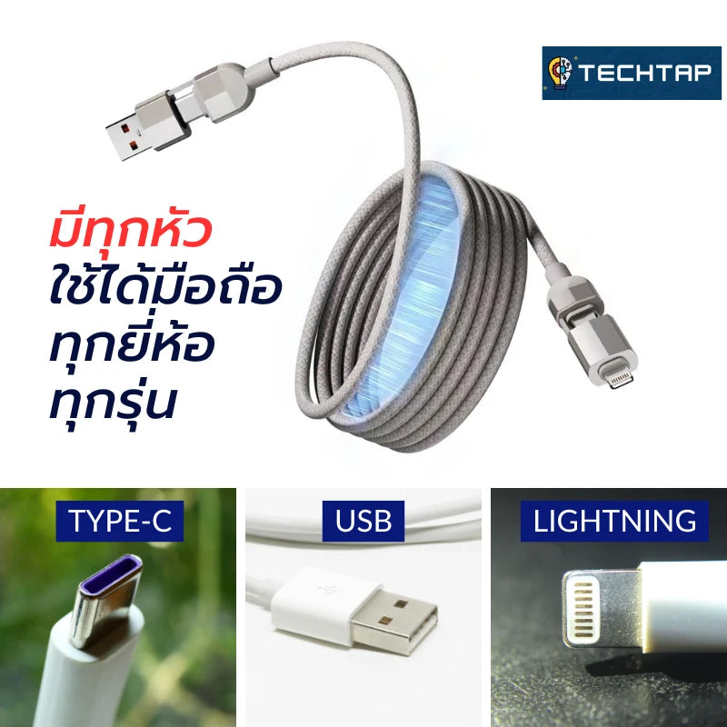 TechTap™ – สายชาร์ทไม่พันกัน เปลี่ยนหัวได้ ใช้ได้กับมือถือทุกยี่ห้อ ทุกรุ่น